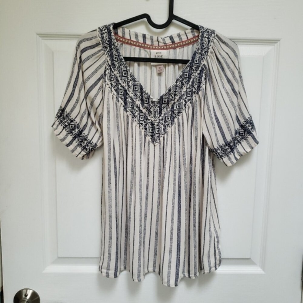 Knox Rose Blue White Striped Boho Short Sleeve Gauzy Blouse Top